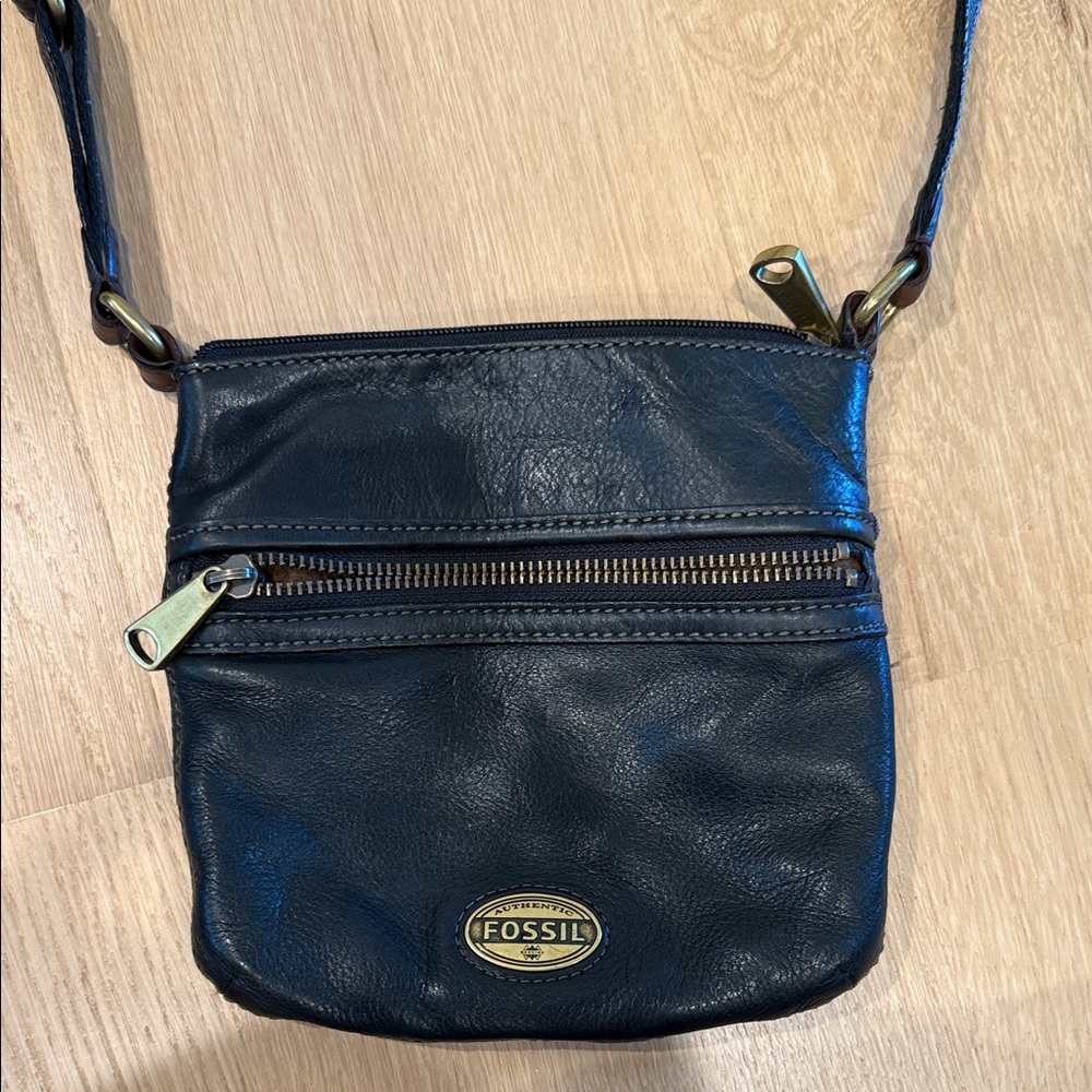 Fossil Dark Leather Crossbody Bag with Brass Accents